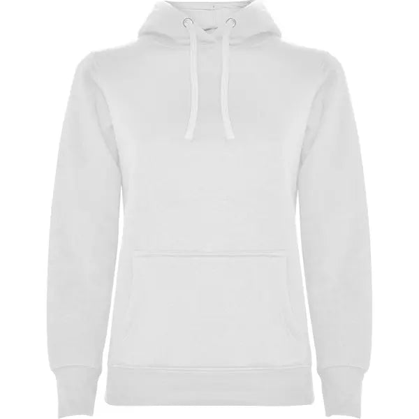 Sudadera entallada de corte femenino con capucha bicolor de doble tejido, con cordón contrastado ajustable, cubrecosturas en el cuello y bolsillo