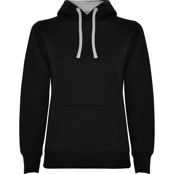 Sudadera entallada de corte femenino con capucha bicolor de doble tejido, con cordón contrastado ajustable, cubrecosturas en el cuello y bolsillo
