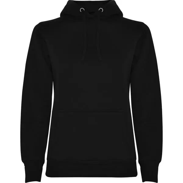 Sudadera entallada de corte femenino con capucha bicolor de doble tejido, con cordón contrastado ajustable, cubrecosturas en el cuello y bolsillo