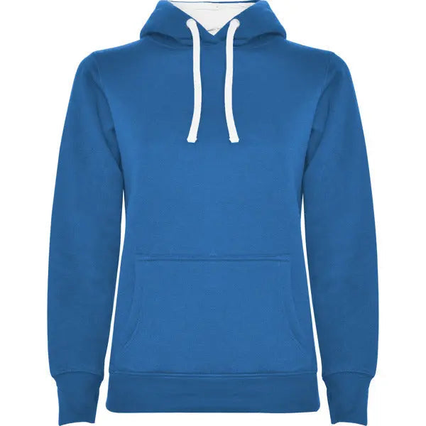 Sudadera entallada de corte femenino con capucha bicolor de doble tejido, con cordón contrastado ajustable, cubrecosturas en el cuello y bolsillo