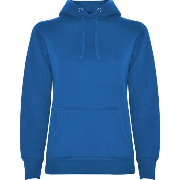 Sudadera entallada de corte femenino con capucha bicolor de doble tejido, con cordón contrastado ajustable, cubrecosturas en el cuello y bolsillo