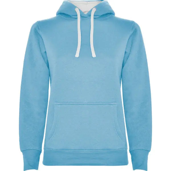 Sudadera entallada de corte femenino con capucha bicolor de doble tejido, con cordón contrastado ajustable, cubrecosturas en el cuello y bolsillo