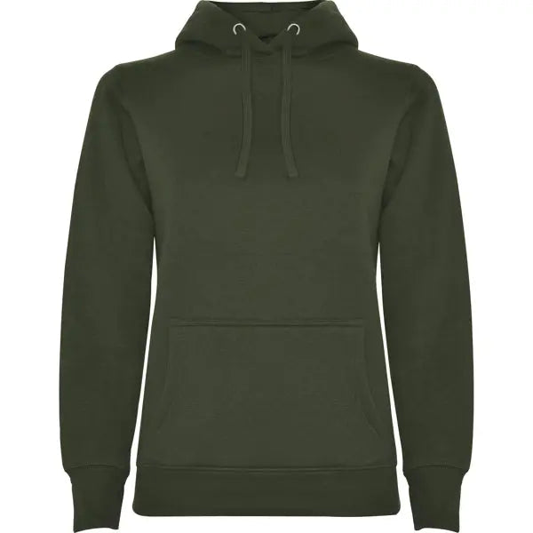 Sudadera entallada de corte femenino con capucha bicolor de doble tejido, con cordón contrastado ajustable, cubrecosturas en el cuello y bolsillo