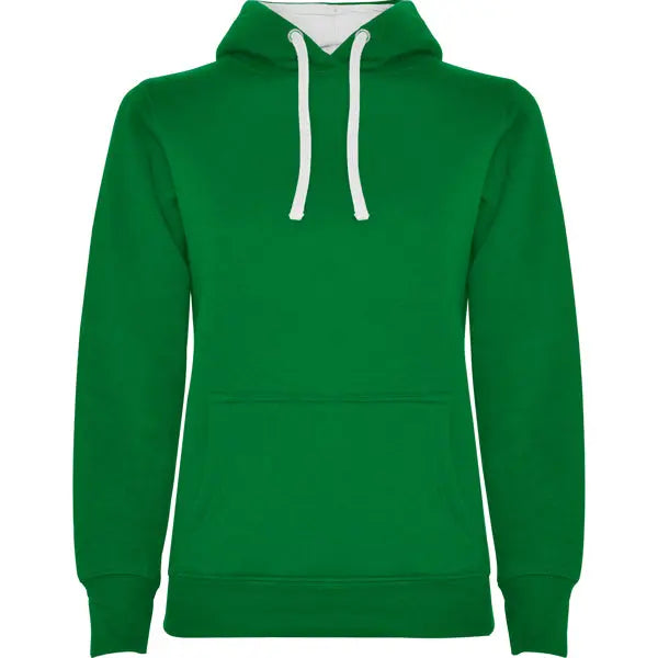 Sudadera entallada de corte femenino con capucha bicolor de doble tejido, con cordón contrastado ajustable, cubrecosturas en el cuello y bolsillo