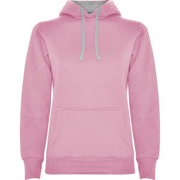 Sudadera entallada de corte femenino con capucha bicolor de doble tejido, con cordón contrastado ajustable, cubrecosturas en el cuello y bolsillo