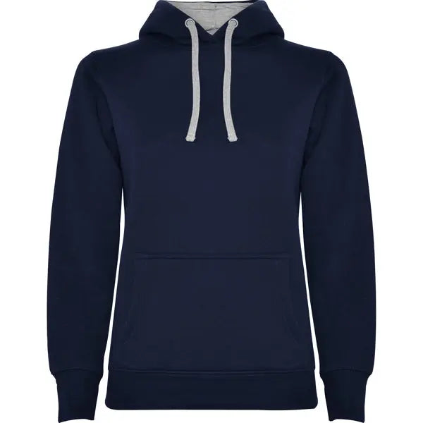 Sudadera entallada de corte femenino con capucha bicolor de doble tejido, con cordón contrastado ajustable, cubrecosturas en el cuello y bolsillo