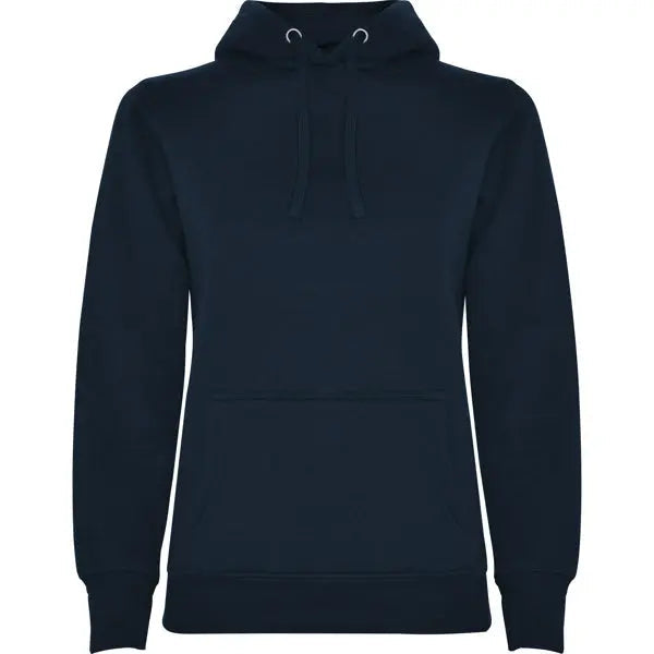 Sudadera entallada de corte femenino con capucha bicolor de doble tejido, con cordón contrastado ajustable, cubrecosturas en el cuello y bolsillo