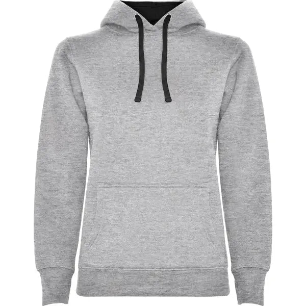 Sudadera entallada de corte femenino con capucha bicolor de doble tejido, con cordón contrastado ajustable, cubrecosturas en el cuello y bolsillo