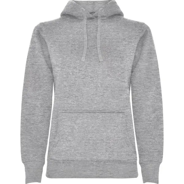 Sudadera entallada de corte femenino con capucha bicolor de doble tejido, con cordón contrastado ajustable, cubrecosturas en el cuello y bolsillo