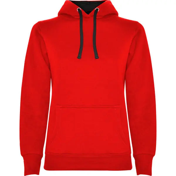 Sudadera entallada de corte femenino con capucha bicolor de doble tejido, con cordón contrastado ajustable, cubrecosturas en el cuello y bolsillo