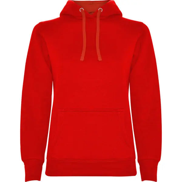 Sudadera entallada de corte femenino con capucha bicolor de doble tejido, con cordón contrastado ajustable, cubrecosturas en el cuello y bolsillo