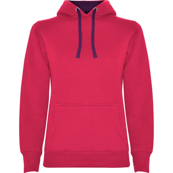 Sudadera entallada de corte femenino con capucha bicolor de doble tejido, con cordón contrastado ajustable, cubrecosturas en el cuello y bolsillo