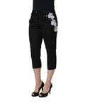 Women's Black Lace Applique Pinstripe Cropped Pants Wool Polyester
