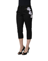 Women's Black Lace Applique Pinstripe Cropped Pants Wool Polyester