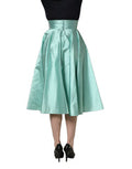 Women's Green Satin High-Waisted Pleated A-Line Midi Skirt Silk