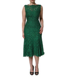Women's Green Floral Lace Cotton Sleeveless Midi Dress Nylon Viscose