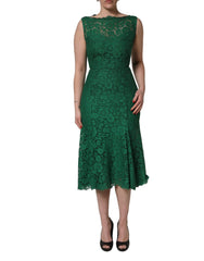 Women's Green Floral Lace Cotton Sleeveless Midi Dress Nylon Viscose