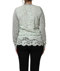 Women's Lace-Panel Crew Neck Cardigan Green Cotton Silk Viscose