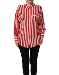 Women's Red White Striped Long Sleeve Silk Blouse Top And