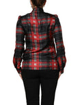 Women's Red Black Plaid Silk Tie-Neck Blouse Top And