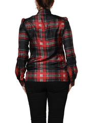 Women's Red Black Plaid Silk Tie-Neck Blouse Top And