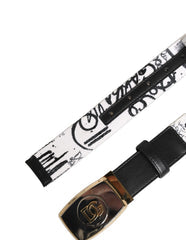 Men's White Graffiti Print Gold Metal Buckle Belt Polyester Calf Leather