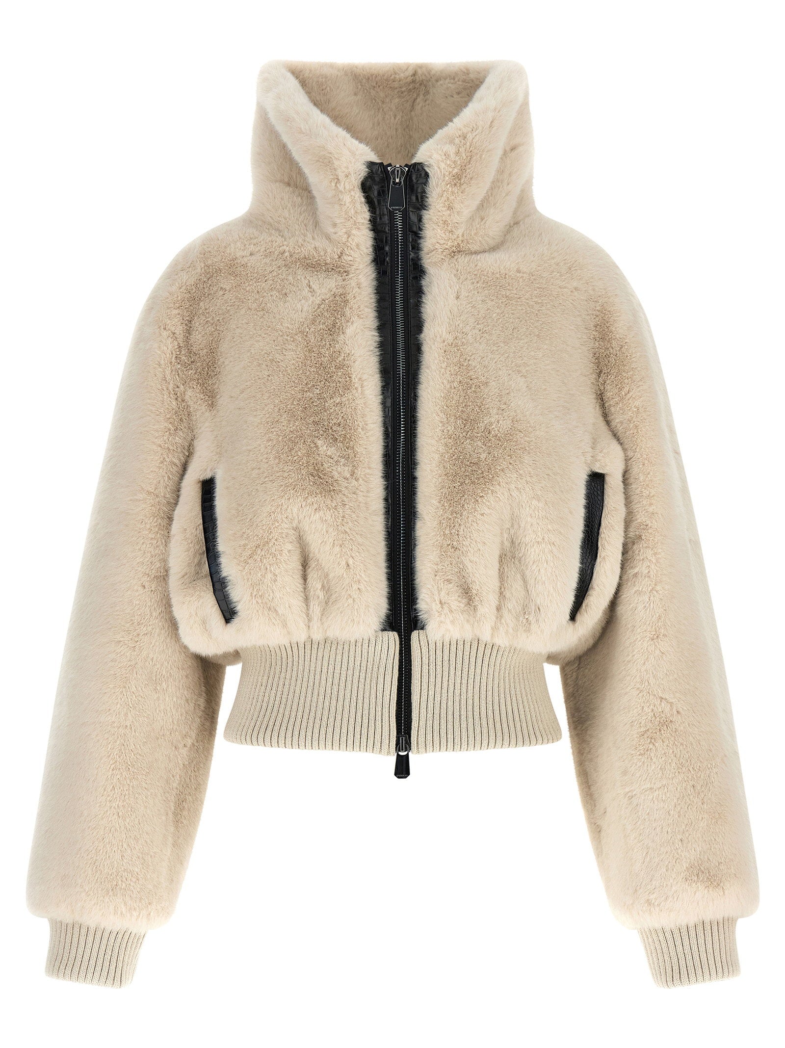Pinko Fur-Effect Cropped Jacket — Beige