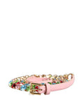 Women's Pink Leather Crystal Chain Embellished Belt Lamb Real Brass