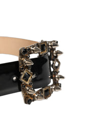 Women's Black Leather Crystal Metal Buckle Belt Gold Calf