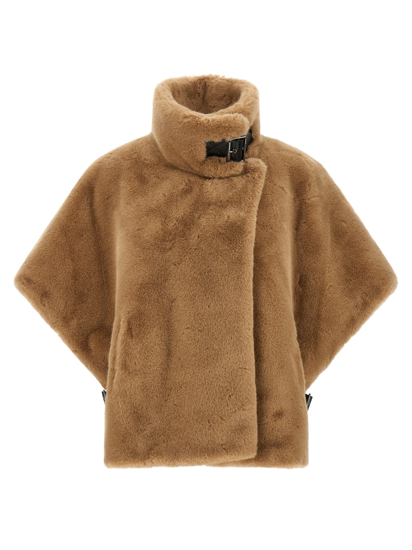 Pinko Fur-Effect Wool Cape — Camel