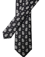 Black Paisley Silk Adjustable Men Tied Necktie Tie And White