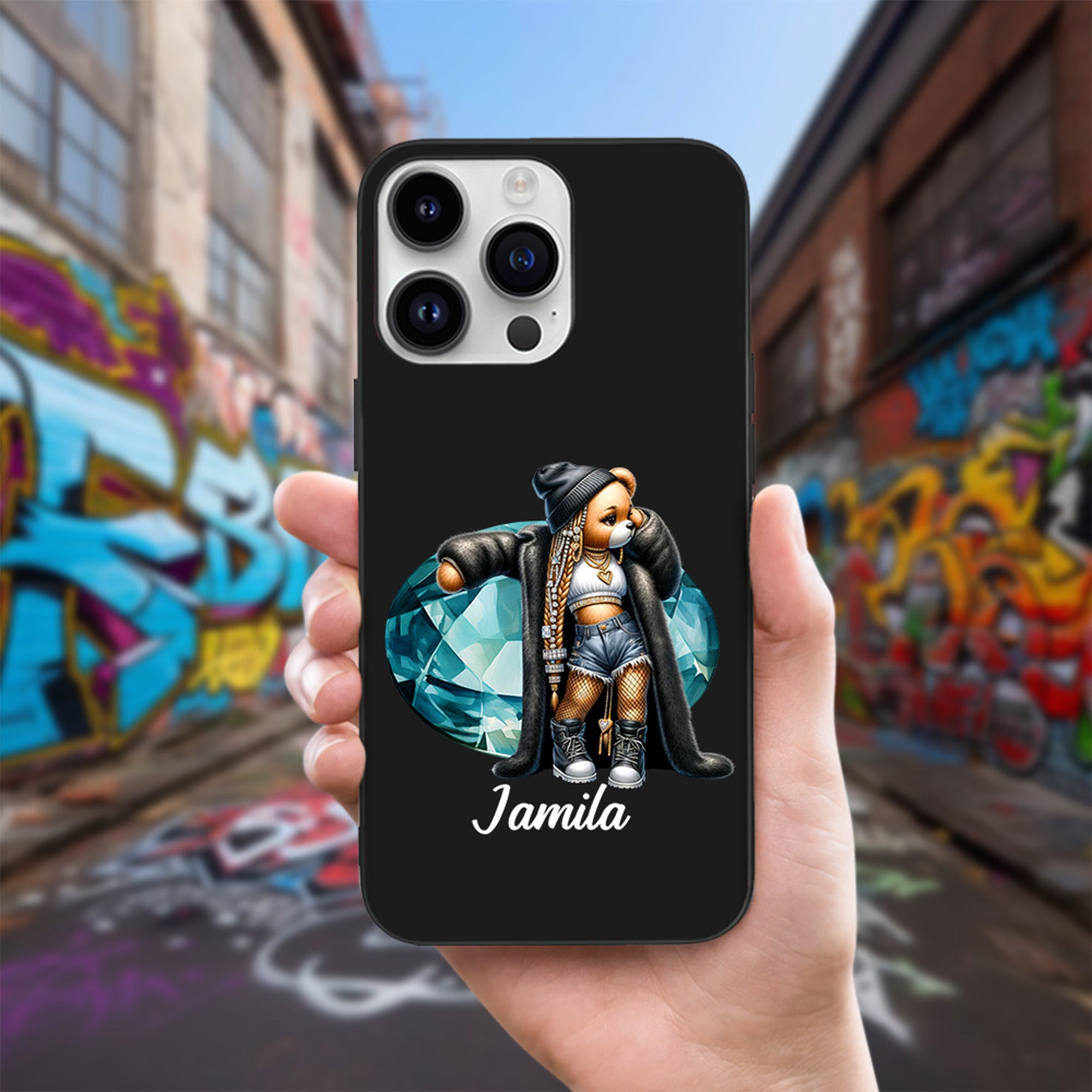Funda personalizada para iPhone con nombre Oso Hip-Hop Birthstone Regalo de Navidad Cumpleaños para Mujeres Amantes del Hip-Hop