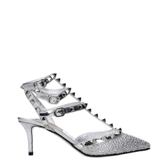 Women's Studded Rhinestone Patent Leather Heel Silver