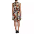 Women's Beige Floral Sleeveless A-Line Mini Dress Silk