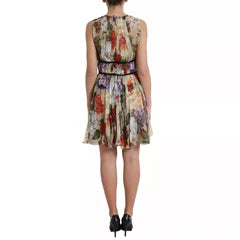 Women's Beige Floral Sleeveless A-Line Mini Dress Silk
