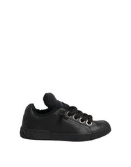 Women's Black Leather Low Top Portofino Sneakers Shoes Calf Nylon Elastane