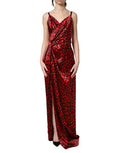 Women's Red Leopard Draped Sleeveless Maxi Dress Silk Elastane