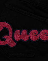 Women's Black Queen Embroidery Pretty Denim Jeans Cotton Elastane Clothing