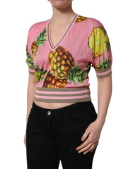 Women's Pink Pineapple Vneck Short Sleeve Cropped Top Polyester Silk Viscose