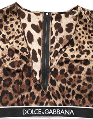Women's Brown Leopard Print Cropped Silk Tank Top Elastane