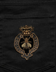 Men's Black Heraldic Embroidered Skinny Denim Jeans Cotton Elastane Clothing