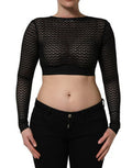 Women's Black Nylon Fishnet Long Sleeve Cropped Top Acrylic Wool