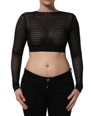 Women's Black Nylon Fishnet Long Sleeve Cropped Top Acrylic Wool