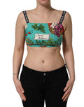 Women's Turquoise Vegetable Print Silk Crop Tank Top Elastane