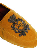 Men's Yellow Velvet Crown Embroidery Loafers Shoes Black Leather
