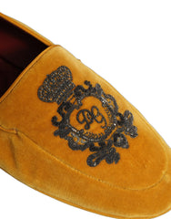 Men's Yellow Velvet Crown Embroidery Loafers Shoes Black Leather