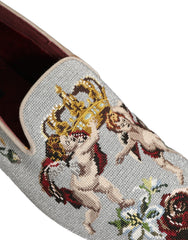 Men's Gray Crown Rose Angel Embroidery Loafer Shoes Leather