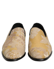 Gold Floral Print Jacquard Men Loafers Shoes Leather