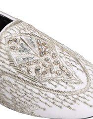 Men's White Satin Embellished Dress Loafers Shoes Leather
