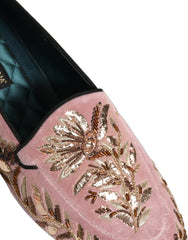 Men's Pink Velvet Floral Embroidery Loafers Shoes Leather